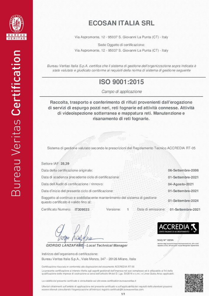 Certificazione Ecosan Italia Srl